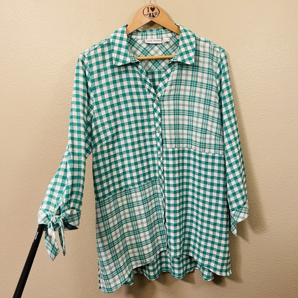 Susan Graver Oversized Check Tunic Pockets Green White Cottagecore Picnic Size M